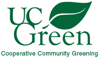 UC Green (logo features the name stacked in two lines, with a large leaf illustration on the top line to the right of the UC, and below green in much smaller font says Cooperative Community Greening, all in dark green.)