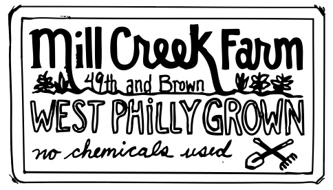 Mill Creek Farm (a hand-drawn logo featuring the name appearing to grow out of the ground along with several little plants, with 49th and Brown written between. Underneath it says WEST PHILLY BROWN in outlined letters. The bottom line says no chemicals used in cursive handwriting, and there is a little doodle of a spade and rake crossed. All is encompased in a simple double line frame.)