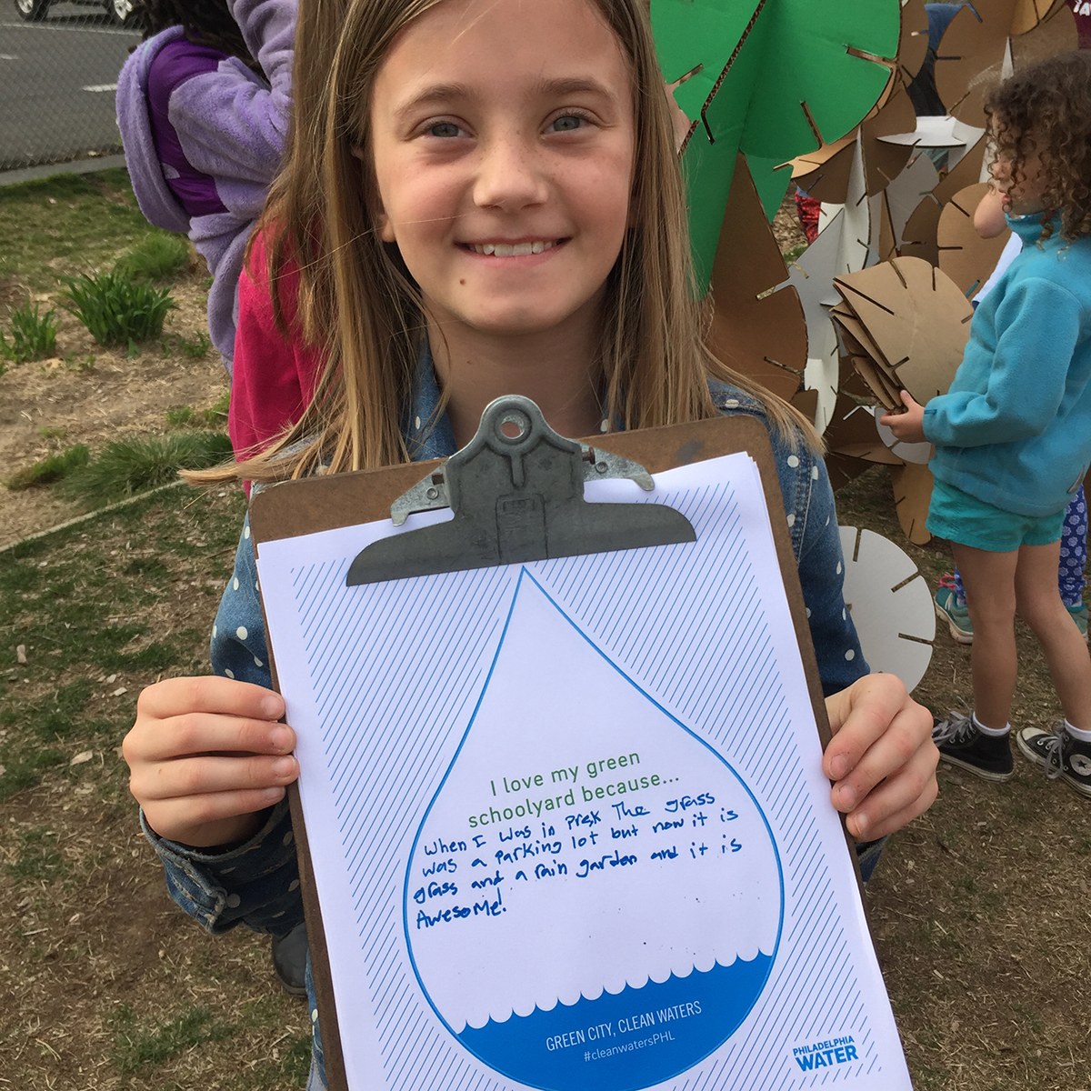 Students filled out cards that let them tell their Green City, Clean Waters story on Earth Day. You can take part and tell your story at Science Fest! Credit: Philadelphia Water