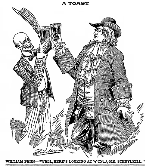 A cartoon from August, 1898 addresses typhoid in Schuylkill River drinking water.