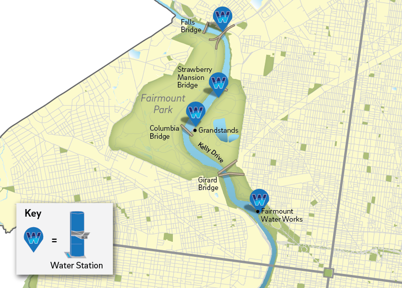 Map showing the location of water stations.