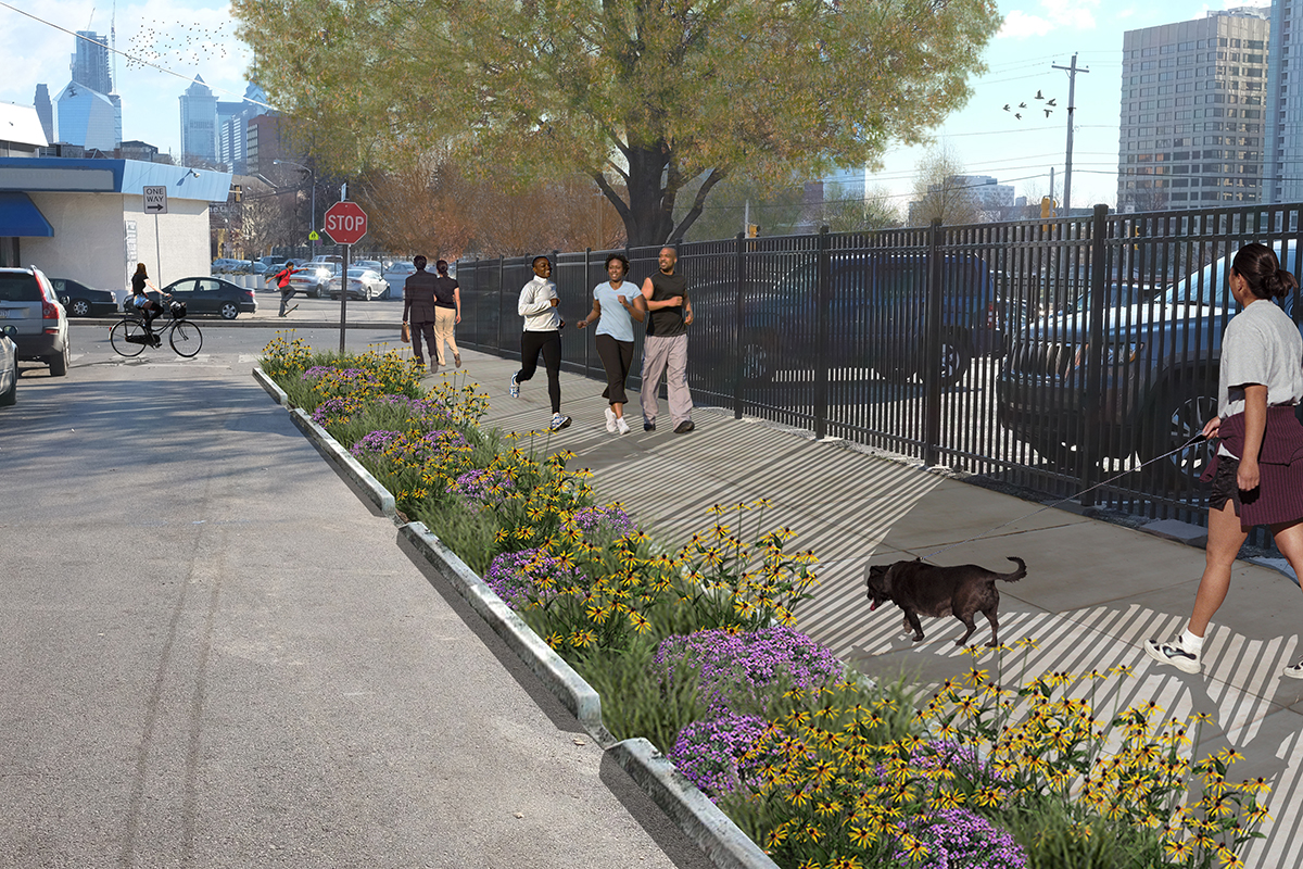 PWD will present plans for green improvements at a Phila. Police Department building, Saunders Park and local streets on Feb. 21. This drawing shows improvements that could come to Pearl Street.