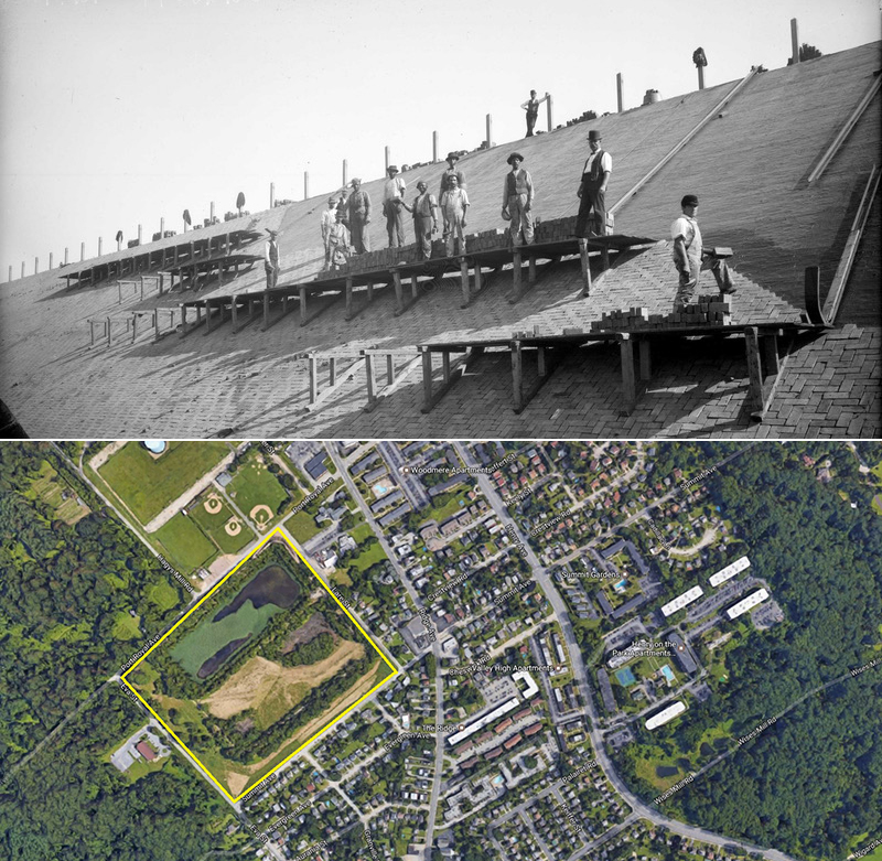 Then and Now: The historic photo at top, taken on Oct. 15, 1897, shows workers lining the Upper Roxborogh Reservoir with brick. The lower Google Maps image shows the site today, outlined in yellow. Credit: Phillyh2o.org 