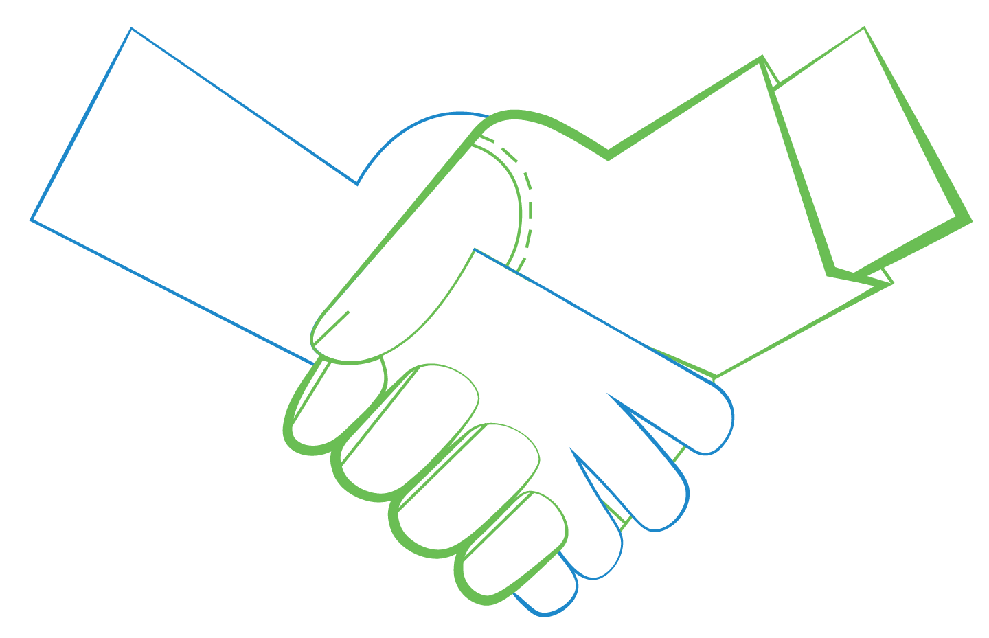 line-drawing of a hand sketched in blue shaking hands with another wearing a gardening/work glove, sketched in green