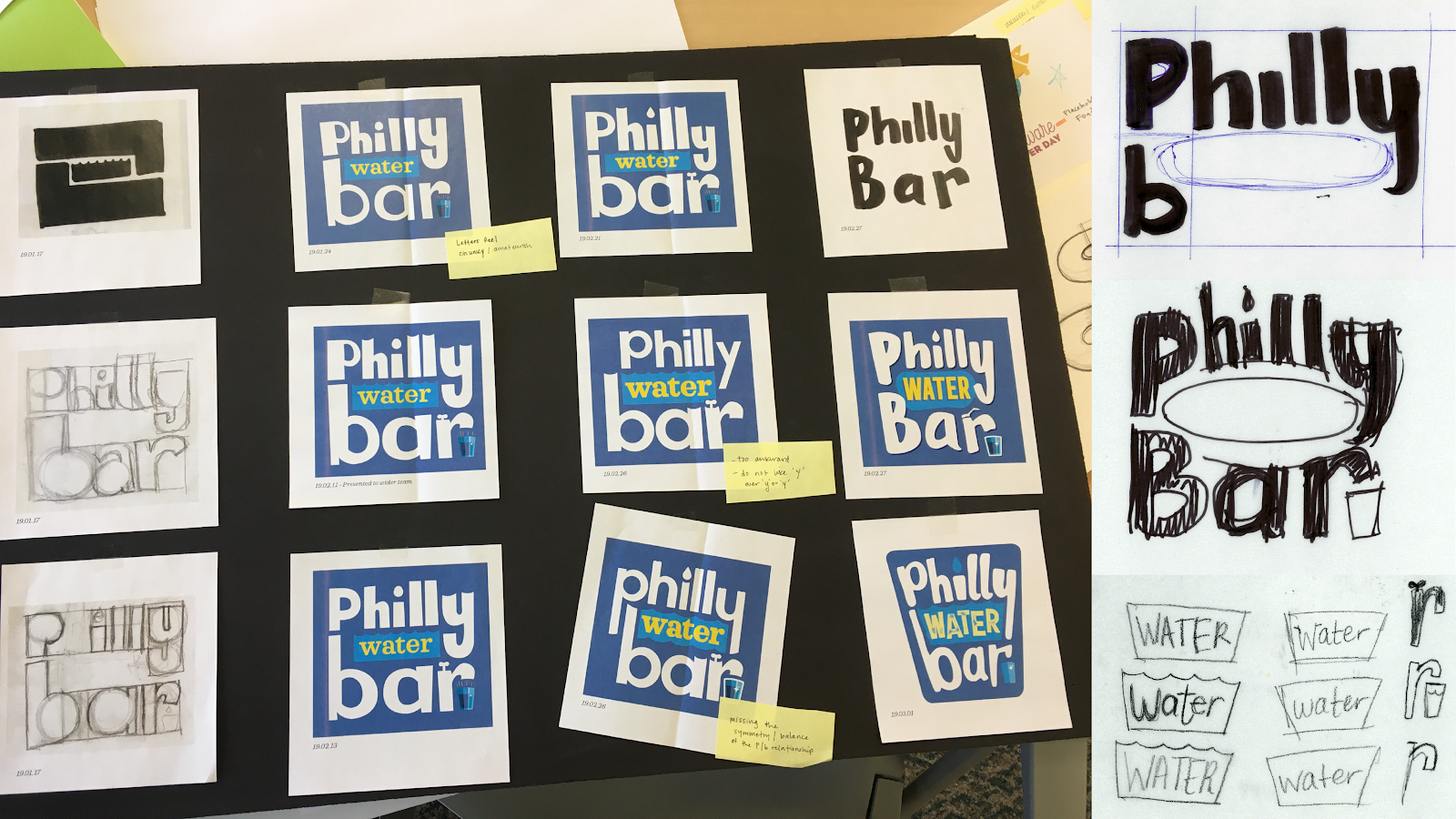 sketched ideas and various iterations of the Philly Water Bar logo pasted on a black board, with sticky-note comments next to some drafts
