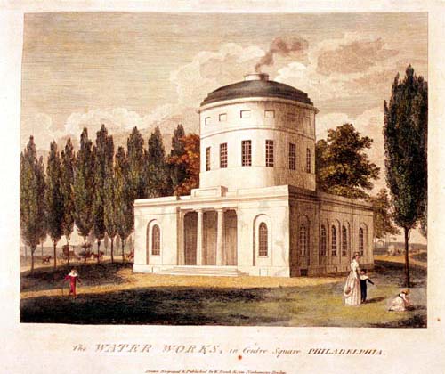 The Centre Square Water Works, on the grounds of today’s City Hall, in 1800. Plate image courtesy of the Independence Hall Association at ushistory.org/