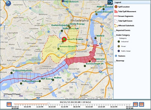 Above: A map provided by the Source Water Protection Program's Early Warning System showing the tidal spill model trajectory for a hypothetical spill along the Delaware River.