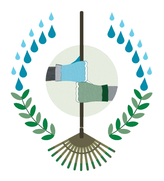 the SIUA program illustration two different people's hands, wearing gardening gloves, grasping a rake handle to symbolize community and teamwork. The hands are encircled by raindrops (on the top half) and leafy vines (bottom), arranged to resemble the wreath of laurels common in classical crests