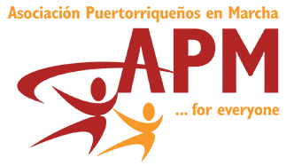 APM (logo features two stylized figures in motion, perhaps dancing, below and to the left of the initials APM. To the right of the figures, it says ...for everyone - the full name, Asociación Puertorriqueños en Marcha, is written across the top.)