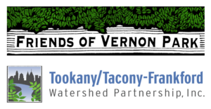Friends of Vernon Park (logo shows the name in the lower half of a rectangle, with the upper half dominated by vines). and TTF Watershed Partnership (logo features a square illustration of a stream, surrounded by greenery, with the Philadelphia skyline in the background - to the right of the illustration, Tookany/Tacony-Frankford is written in bold blue, with Watershed Partnership, Inc. written below in lighter weight grey text.)