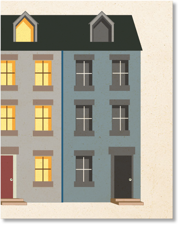 illustration of the end of a section of row homes, where part of one can be seen with lights in the windows, but the one fully in view is all dark.
