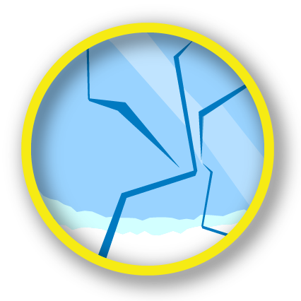 illustration of a pane of glass with several cracks in it. snow is visible on the ground outside.