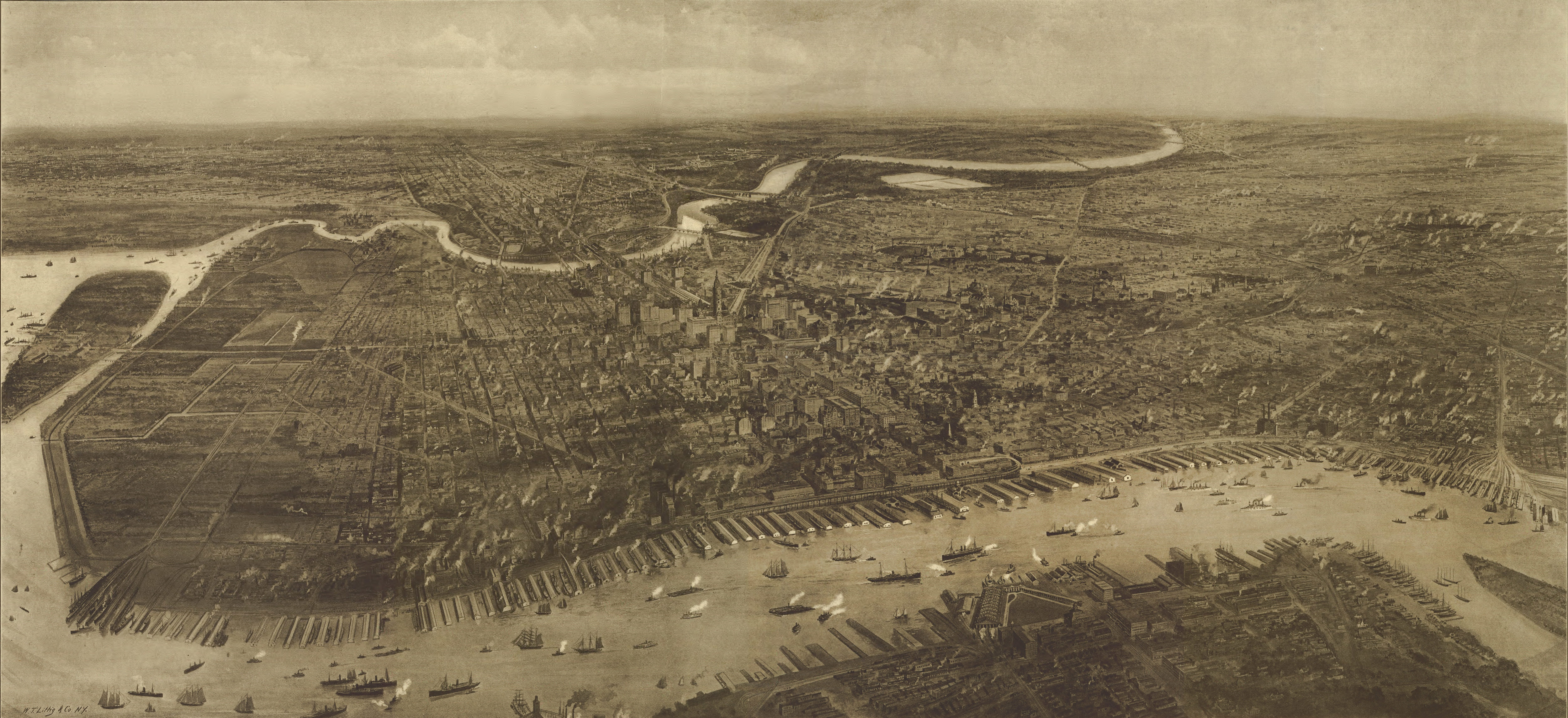 A 1908 drawing of Philadelphia from over New Jersey, looking out across the Delaware showing buildings, roads, and less developed land around the outskirts of the city, ships and docks along the Delaware, and the Schuylkill River winding in the distance.