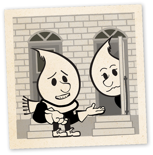 illustration of Drippy (a cartoon being whose head is shaped like a water droplet) bundled up with a scarf, boots, and gloves, standing by the stoop of a Philly row home, talking to a neighbor who is just leaning their water-drop-shaped head out the door.