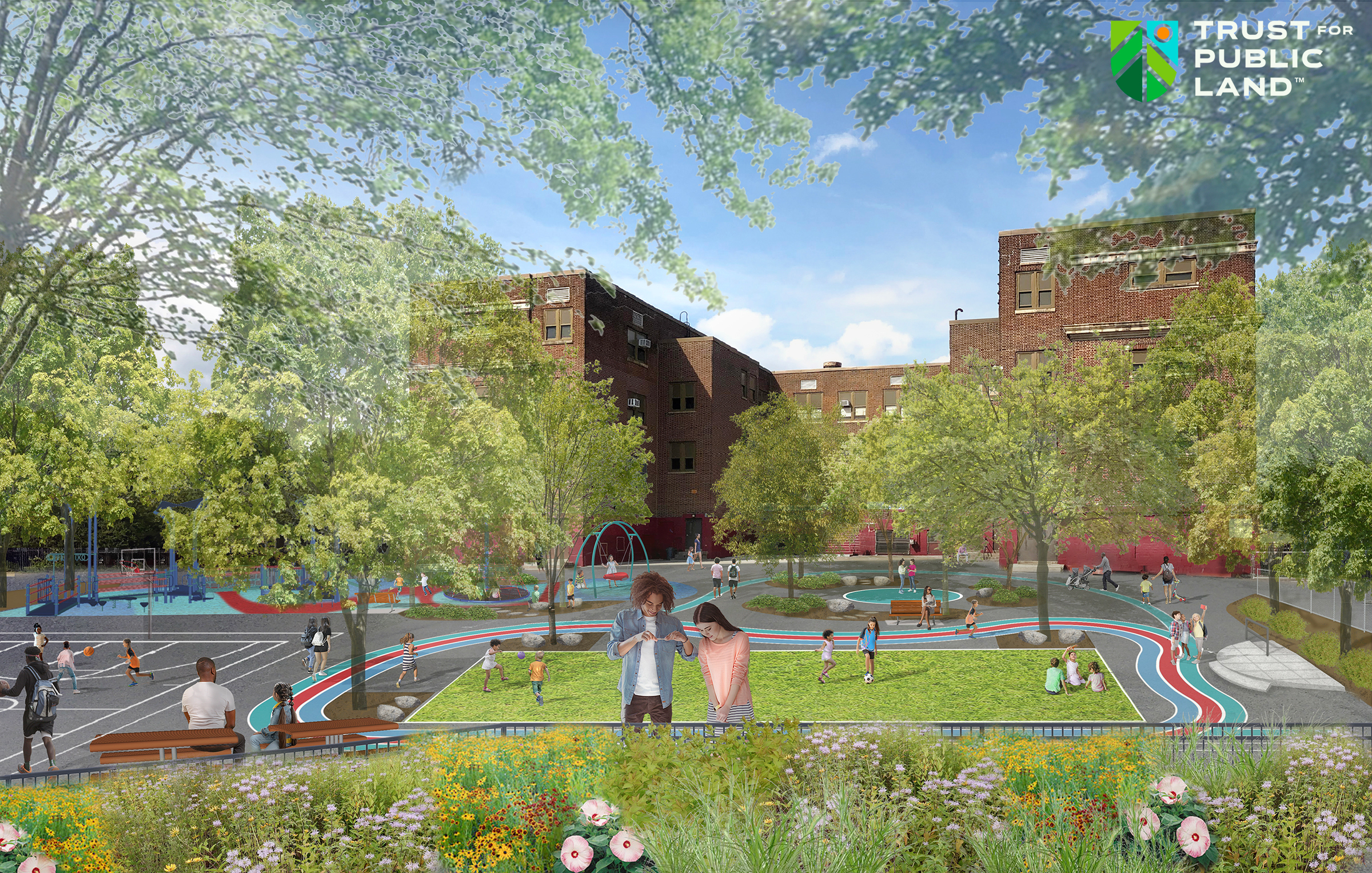an illustration of the planned improvments to the Bregy Elementary schoolyard shows the building in the background nearly obscured by trees, a rain garden filled with native flowers in the foreground, and space between filled with children enjoying permeable basketball courts, playgrounds, and pathways, and a large grassy area.