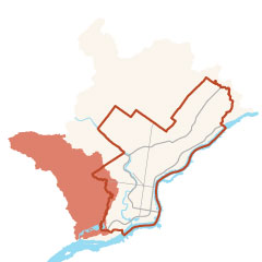 a minimalist map showing Philadelphia outlined in orange, and the Darby-Cobbs watershed shaded in orange, mostly west of the city but overlapping along the western edge of the city.