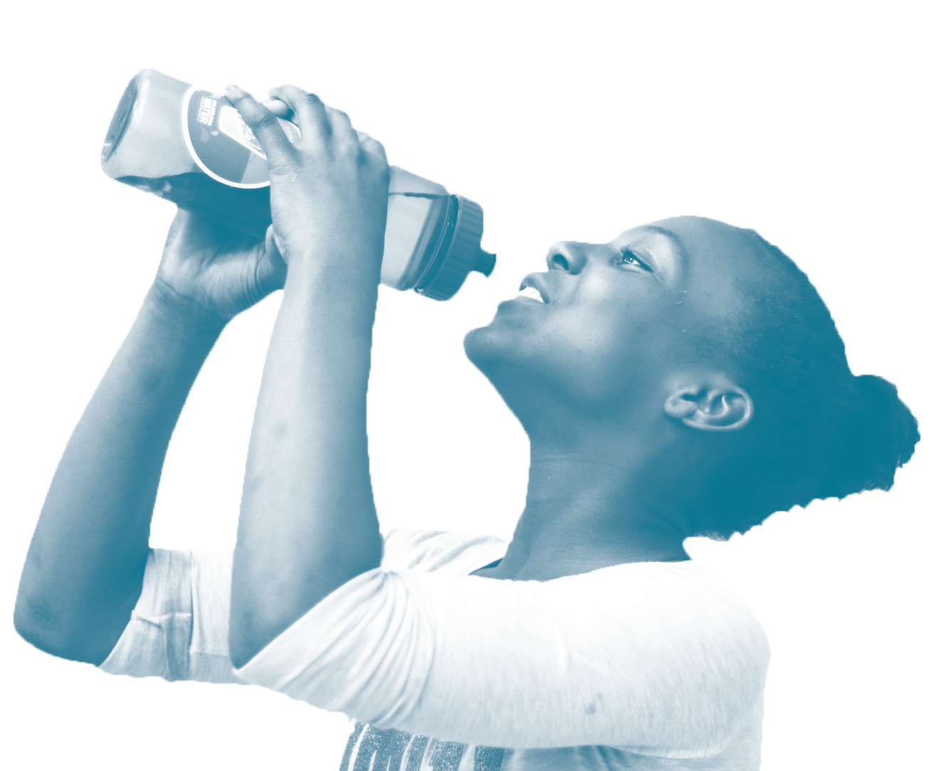 A young girl smiles as she holds up a reusable water bottle to take a drink. The bottle is transparent and has a sticker on the side, obscured by her hand. She has darker skin and dark curly hair, pulled up in a bun. The photo is grayscale, but tinted blue, with the background removed.