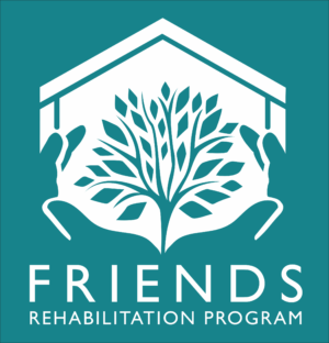 the Friends Rehabilitation Program logo depicts a stylized tree growing out of cupped hands in front of a house shape, drawn in white on a teal background with the name in white capital letters below