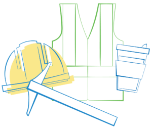 a sketch of a safety vest, hard hat, T-square, and travel coffee cup, drawn in blue, except for the safety vest which is drawn with green lines, and the hard hat is filled in with yellow