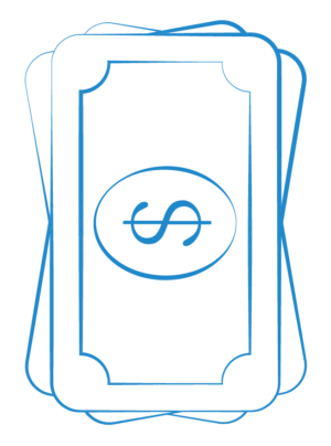 stylized illustration of a small stack of cash, drawn in blue lines of varying thickness. 