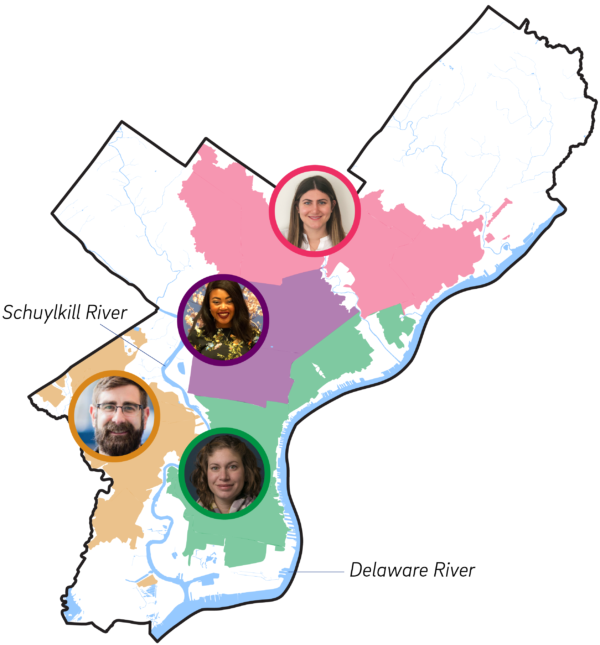 simplified map of Philly showing the 4 GSI Outreach Districts with photos of their dedicated outreach specialists - Dan in West Philly, Maura in North Philly, Hailey in the Northwest and Northeast, and Tiffany in South Philly and the Riverwards