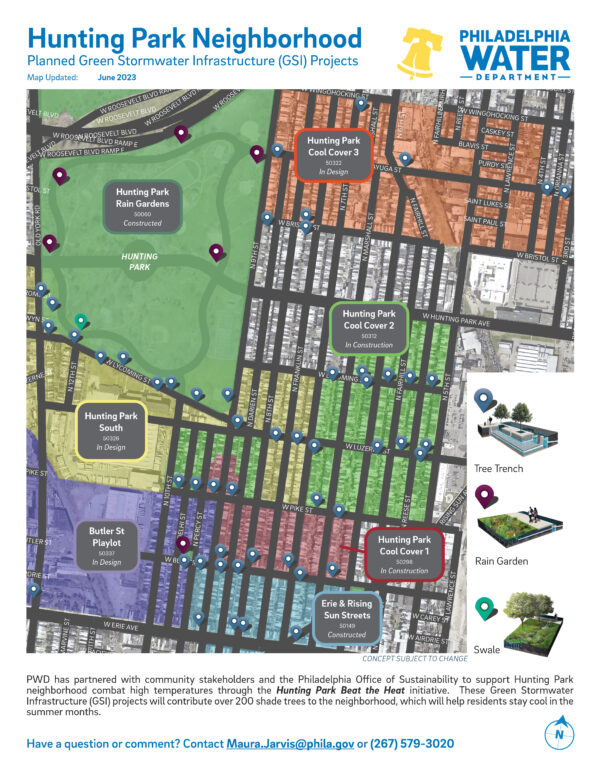 A map of several green stormwater infrastructure projects in the Hunting Park area.