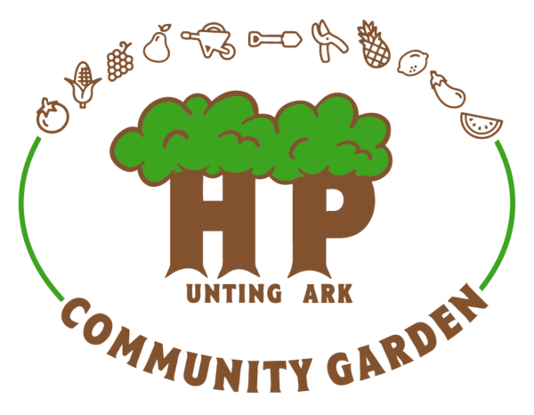 Hunting Park Community Garden - logo features the letters H and P in the center styled as tree trunks with green tops above the letters, and the rest of the words "Hunting Park" spelled out below in brown. This is surrounded by an oval formed in 4 parts - an arch of produce and garden tools outlined in brown across the top, the words "Community Garden" written in brown along the bottom curve, and green lines completing the sides of the oval.