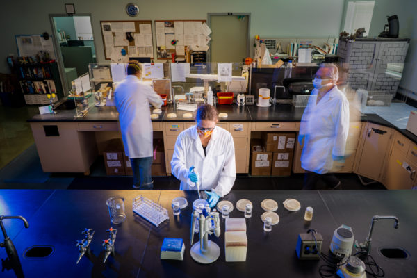 photo of a lab taken from a high angle with a longer exposure shows three people in lab coats, face masks, and safety glasses, going about their work. The two in the background are blurred from movement so we get the impression it's a busy, active place.