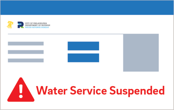 A simplified illustration of the e-billing website with an alert icon and the text "Water Service Suspended" written in red below the header.