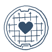 illustration of a sewer access hole cover with a heart in the center