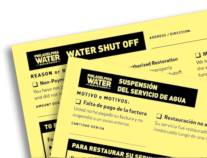 Two copies of PWD's Shut Off notice are shown, loosely stacked. One with the english side face up, says WATER SHUT OFF at the top. On top of it, obscuring most of the page, is one with the spanish side visible.