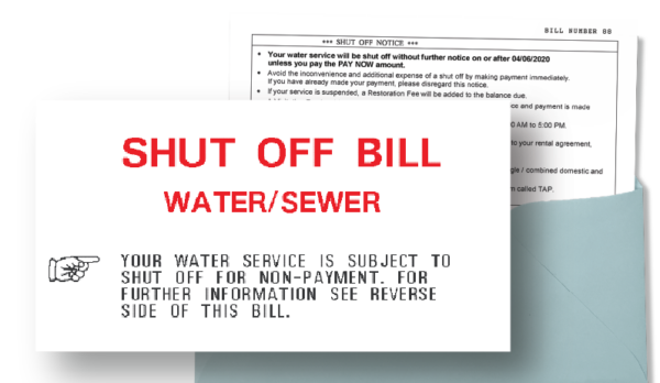 A water bill is shown partially sticking out of an envelope. A white box is overlaid to highlight a section that reads, in red, "SHUT OFF BILL" at the top, "WATER/SEWER" beneath that,, and at the bottom in black, a line drawing of a hand pointing a finger at the a paragraph in all-capital letters reading, "Your water service is subject to shut off for non-payment. For further information see reverse side of this bill."