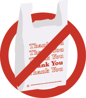 a white single-use plastic shopping bag with "Thank You" written on it four times in red is shown in a red circle with a diagonal line through it