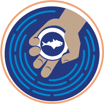 logo for the Storm Drain Marking program shows a hand holding a circular storm drain marker with a fish on it, over a dark blue background with lighter blue dashed lines in concentric circles reminiscent of both a sewer access hole cover, and ripples in water.
