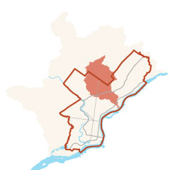 a minimalist map showing Philadelphia outlined in orange, and the TTF Watershed shaded in orange in parts of north and northwest Philadelphia, reaching along the edge of the Northeast to the Delaware River, and extending north of the city.