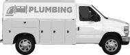 mockup of a pickup truck with a service body bed and cap, with an illustration of a bit of pipe and PLUMBING written on the side