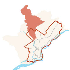 a minimalist map showing Philadelphia outlined in orange, and the Wissahickon Creek Watershed shaded in orange, mostly north of the city but extending into the Northwest section of Philadelphia.