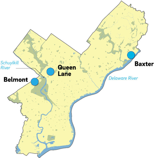 a simple map of Philadelphia shows our three Drinking Water Treatment Plants: Belmont on the West side of the Schuylkill River, Queen Lane on the east side of the Schuylkill, and Baxter on the Delaware River.