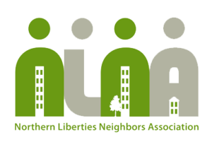 Northern Liberties Neighbors Association (logo features the acronym NLNA in alternating green and grey, with circles above each letter so they look like people, and the spaces formed under the Ns and A are transformed into city buildings. The full name is written across the bottom.)
