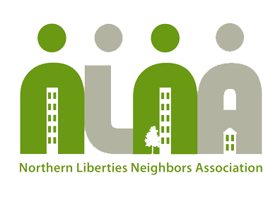 Northern Liberties Neighbors Association (logo features the acronym NLNA in alternating green and grey, with circles above each letter so they look like people, and the spaces formed under the Ns and A are transformed into city buildings. The full name is written across the bottom.)