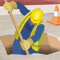 a worker in blue shirt and overalls, yellow hard hat, reflective vest, and work gloves, is seen from the hips upward while digging a hole in the sidewalk in front of a brick building. The bottom of the front steps and an orange cone are visible in the background..