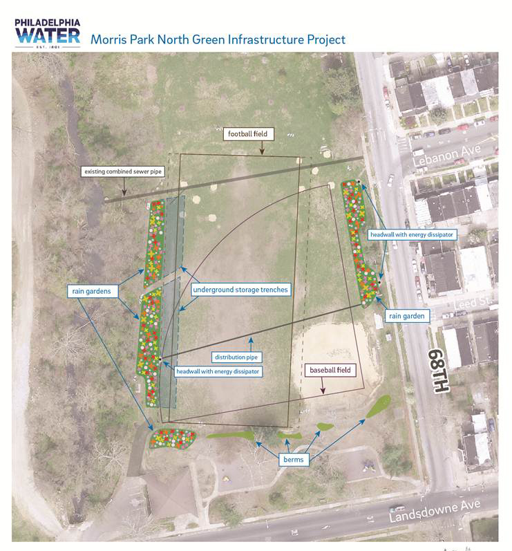 The map above outlines some of the proposed improvements at Morris Park in Overbrook. Click for a larger image.