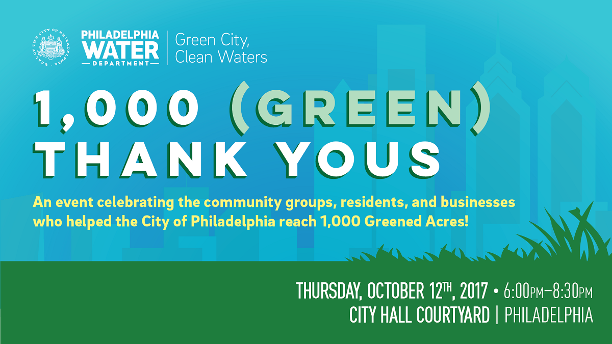 RSVP now for an Oct. 12 celebration marking 1000 Greened Acres. Come to City Hall from 6 to 830 p.m.