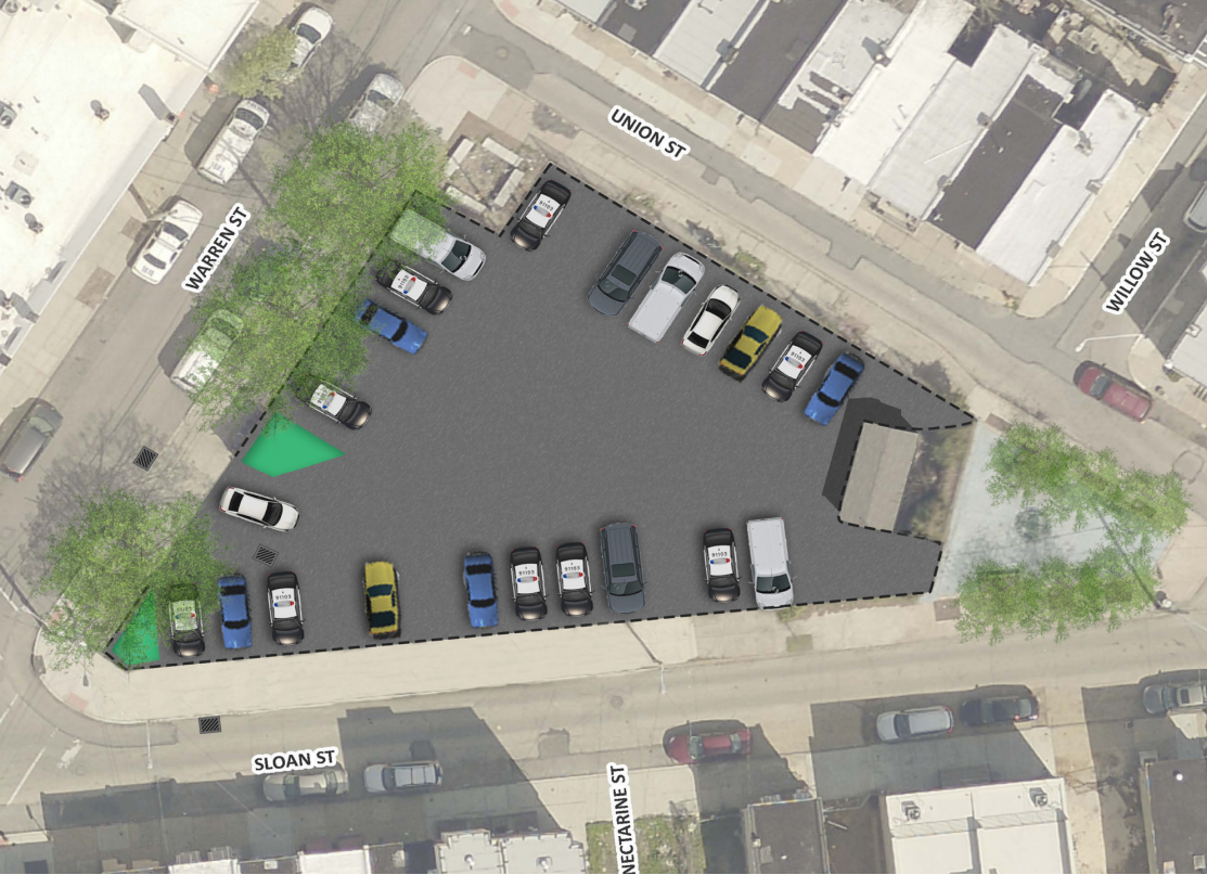 the parking lot takes up the majority of a triangular block formed by Warren, Sloan, and Union Streets. This rendering shows the parking area outlined with a dotted line which will have stormwater storage installed beneath it, and trees along the Warren St. side and in the corner of Union and Sloan Streets.