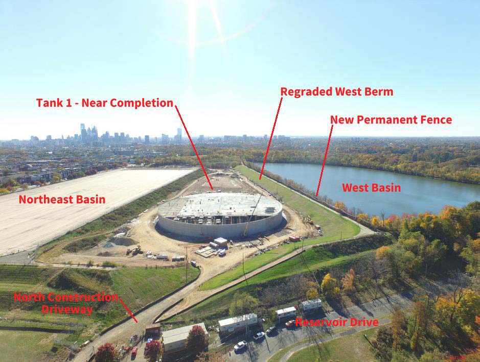 An aerial view of the East Park Resevoir site showing a nearly completed water tank. Credit: PWD