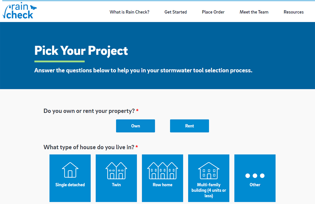 Screenshot of the new Rain Check website - Click this image to visit the new Rain Check site and answer a few questions that will help you find the best discounted green stormwater improvement for your home.