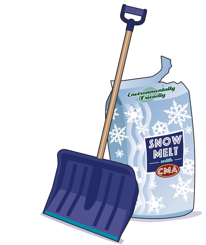 illustration of a snow shovel leaning up against an open bag of deicer labeled Environmentaly Friendly SNOW MELT with CMA