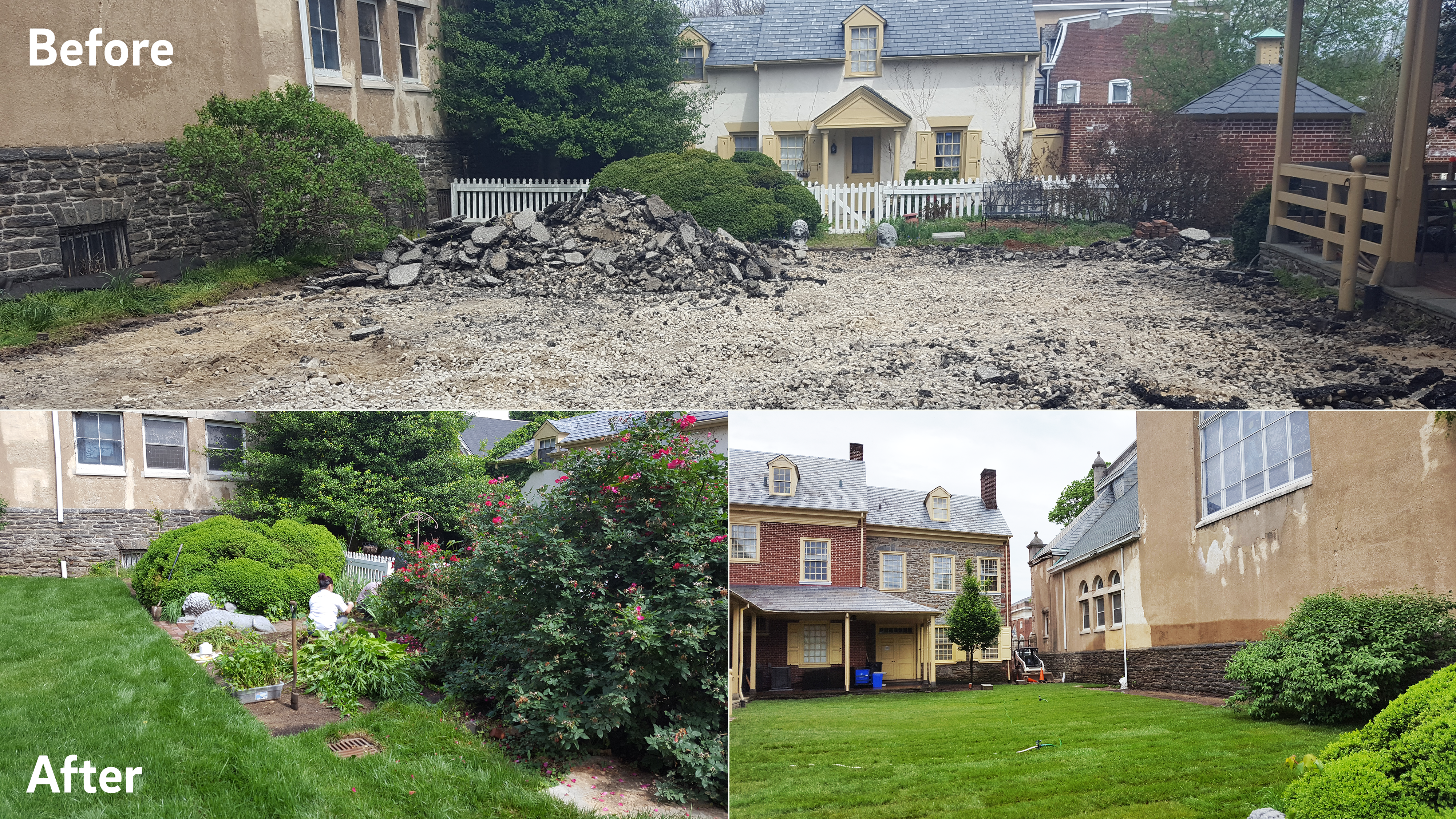 Top: a view of the courtyard area before the upgrade shows broken-up asphalt between charming historic buildings. Bottom Left: volunteers hard at work planting the new rain garden. Bottom Right: a view of the courtyard area after the upgrade shows a luscious green space with grass and natural landscaping replacing the former impervious pavement.