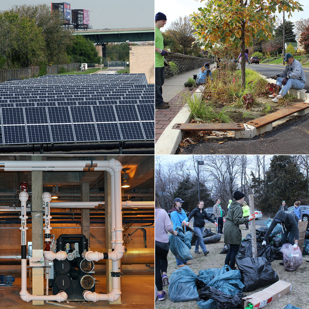 Philadelphia Water works to protect our rivers and planet in a number of ways. Clockwise from top left: Solar panels at our Southeast Water Pollution Control Plant; a Green City, Clean Waters tree trench in East Falls; part of our Biogas Cogeneration system at the Northeast WPCP; Philadelphia Water volunteers at a March 2016 Bartram’s Garden cleanup that removed 12,927 pounds of trash from the Schuylkill River’s banks. 
