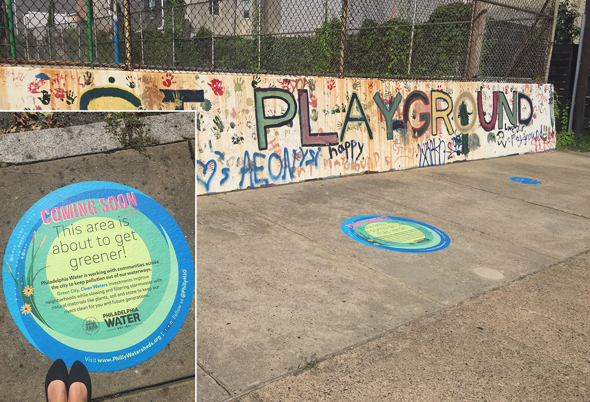 New decals near Hagert and Coral streets announce an upcoming Green City, Clean Waters project. Credit: Philadelphia Water